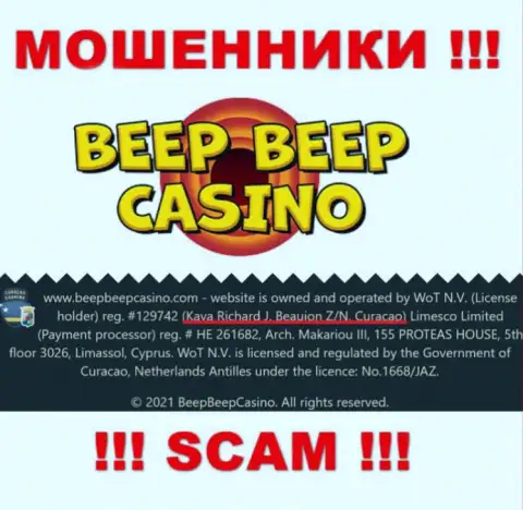 BeepBeepCasino Com - это противозаконно действующая компания, которая пустила корни в оффшоре по адресу: Kaya Richard J. Beaujon Z/N, Curacao
