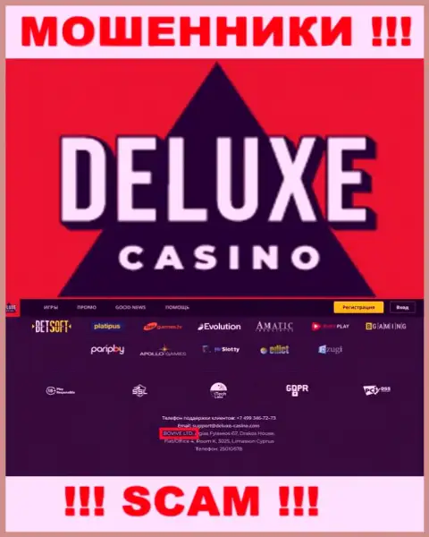 Сведения об юр. лице Deluxe-Casino Com у них на официальном сайте имеются - это BOVIVE LTD