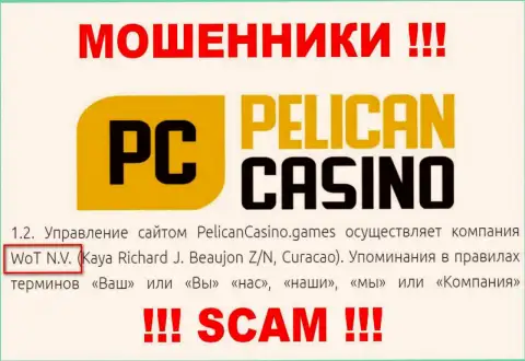 Юр. лицо конторы PelicanCasino Games это WoT N.V.