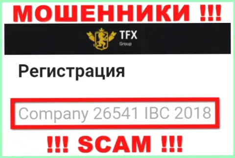 Номер регистрации, принадлежащий преступно действующей компании TFX FINANCE GROUP LTD - 26541 IBC 2018