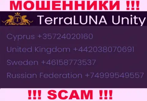 Звонок от internet мошенников TerraLunaUnity Com можно ждать с любого номера телефона, их у них немало