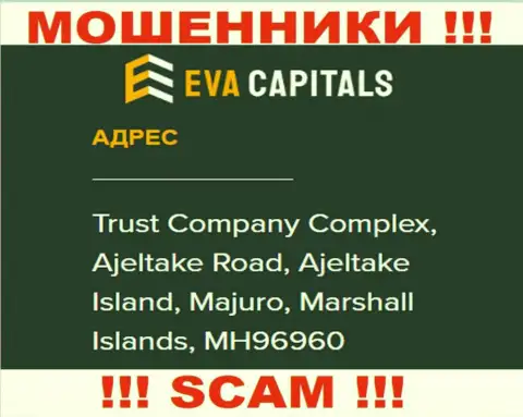 На интернет-портале Eva Capitals предложен офшорный официальный адрес конторы - Trust Company Complex, Ajeltake Road, Ajeltake Island, Majuro, Marshall Islands, MH96960, будьте внимательны - это мошенники