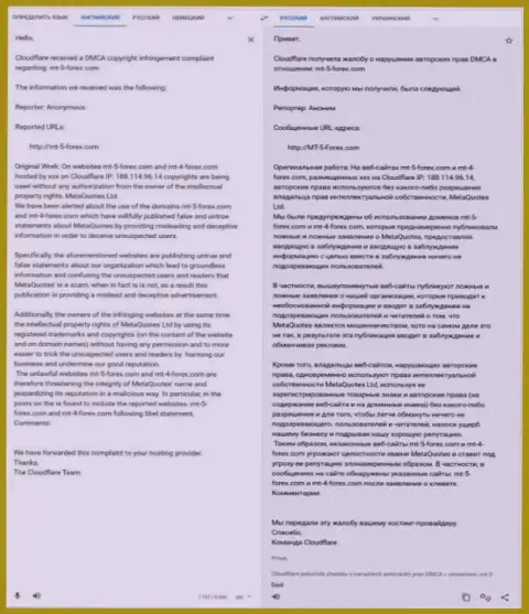Претензия на материал о программном обеспечении МетаТрейдер 5, переведенная на русский