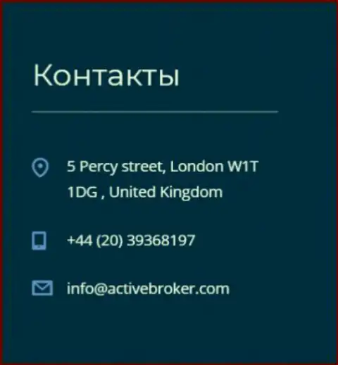Адрес центрального офиса форекс брокерской компании Актив Брокер, предоставленный на официальном веб-сервисе указанного forex дилера