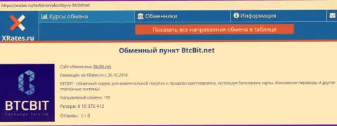 Сжатая информационная справка об online обменнике BTCBit на сайте XRates Ru